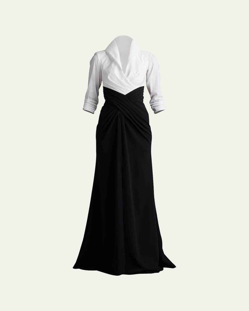 Pleated Taffeta & Crepe Gown